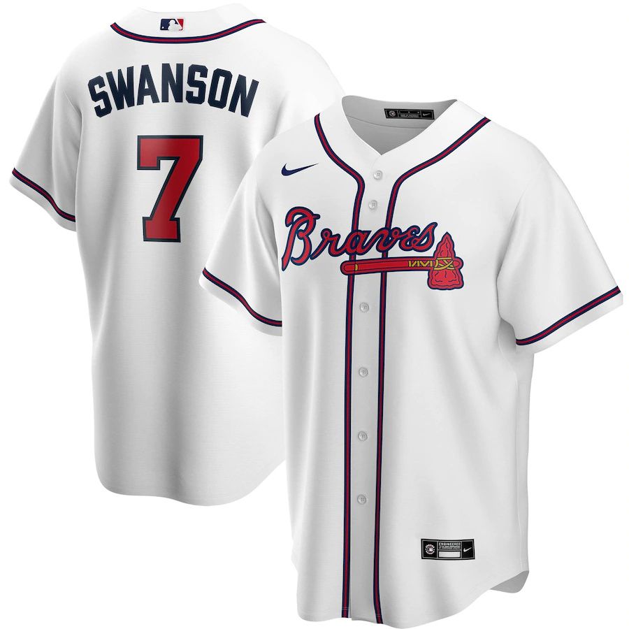 Mens Atlanta Braves #7 Dansby Swanson Nike White Home Replica Player Name MLB Jerseys->atlanta braves->MLB Jersey